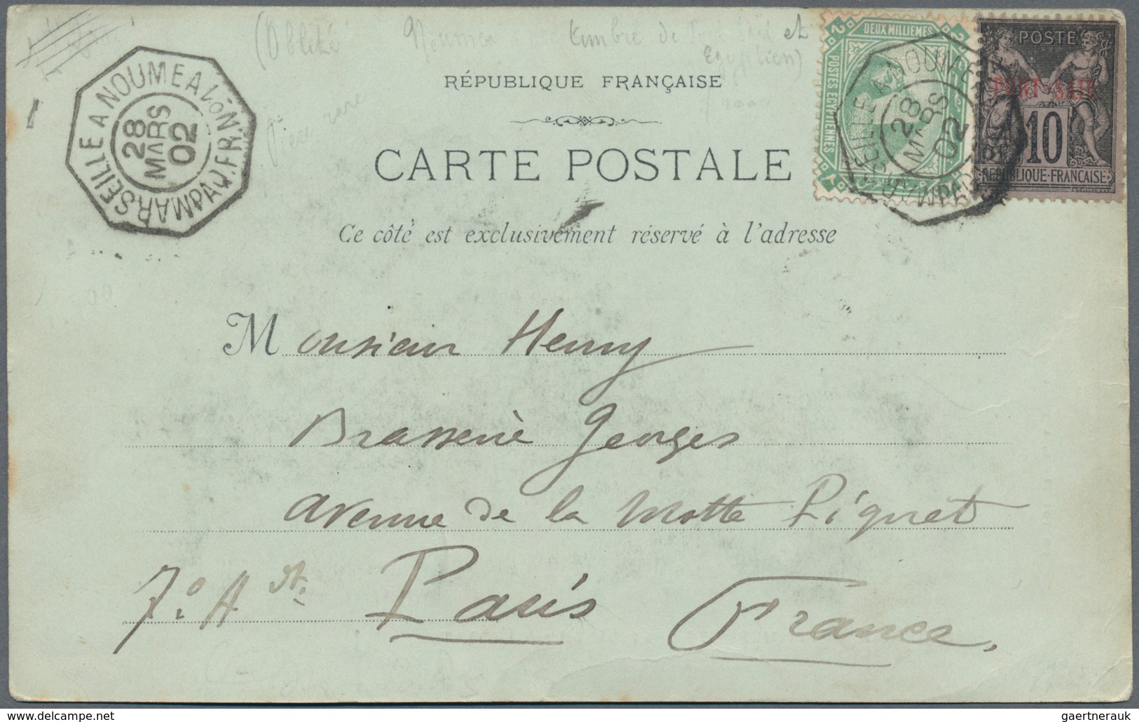 Ägypten: 1902, 2m. Green In Combination With French P.O. Port Said 10c. Black On Lilac On "ship" Ppc - 1866-1914 Khedivate Of Egypt