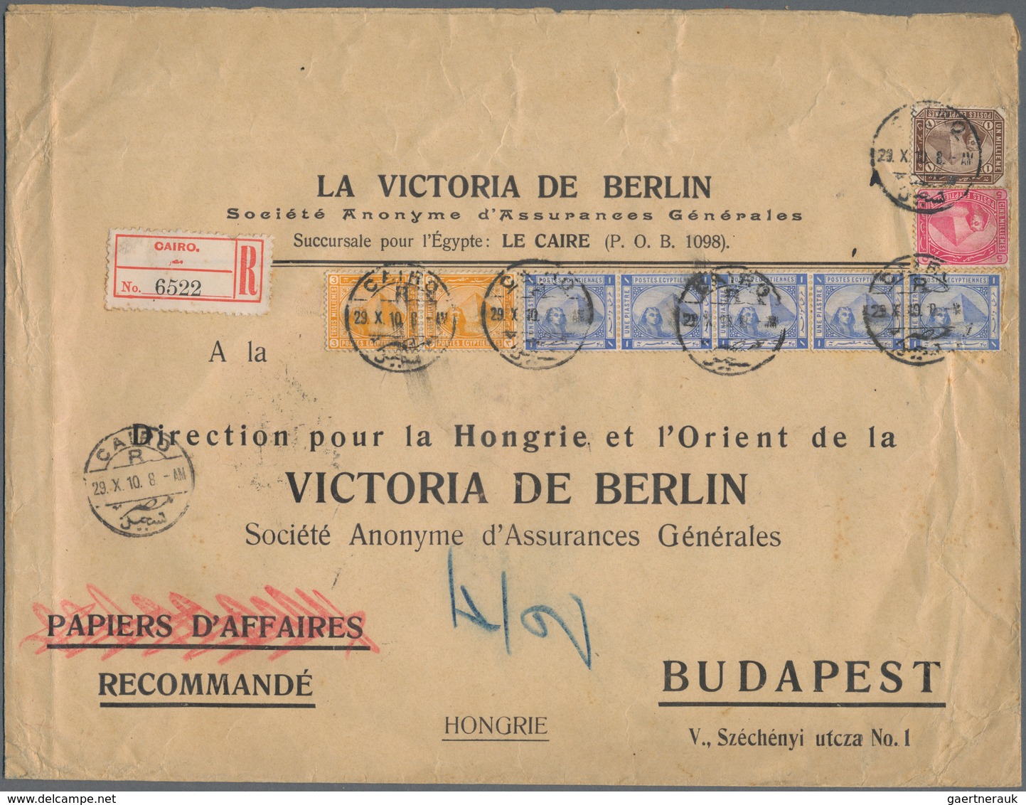 Ägypten: 1910 Printed Envelope Used Registered From Cairo To Budapest, Franked By 1pi. Ultramarine S - 1866-1914 Khedivaat Egypte