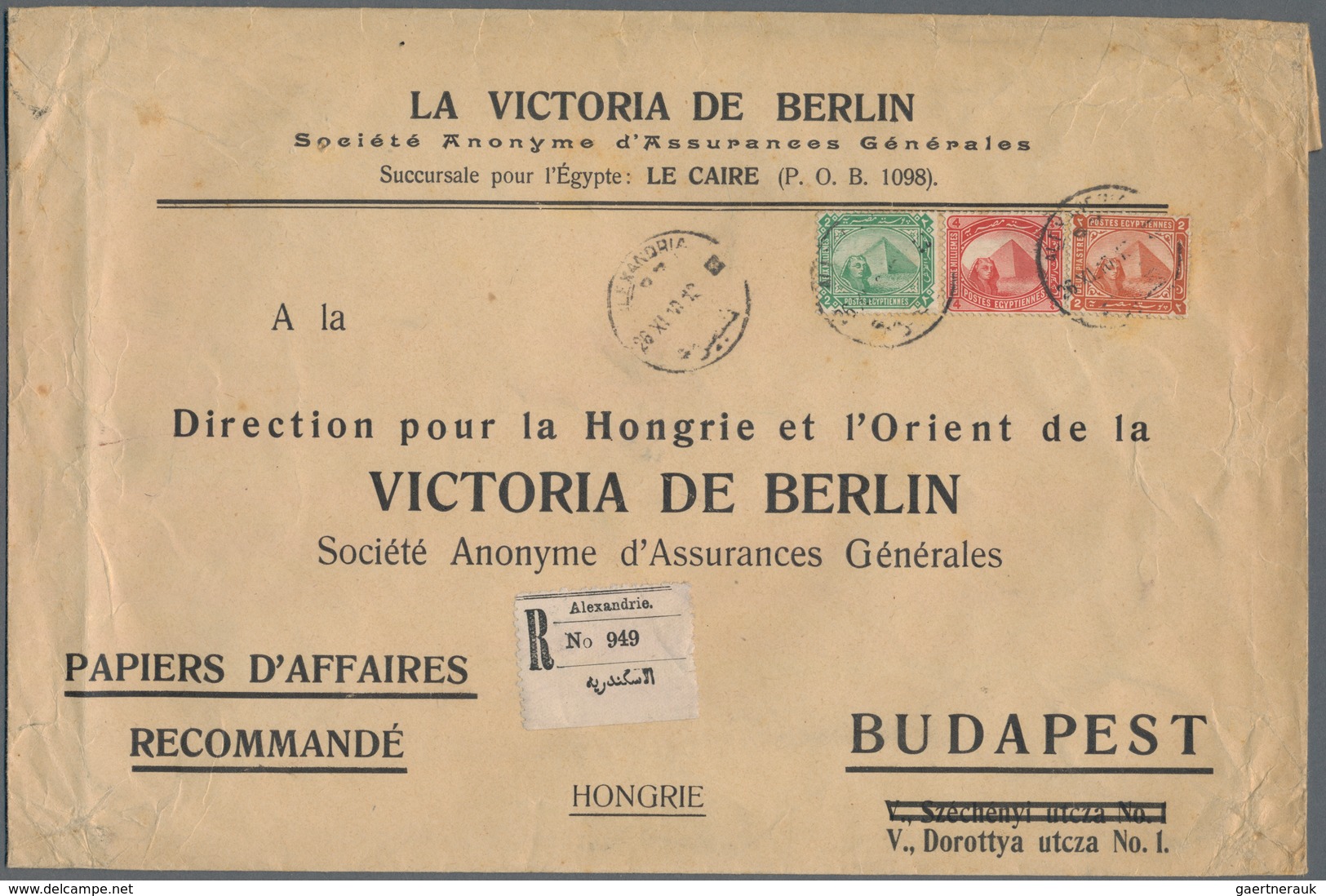 Ägypten: 1910 Printed "Business Papers" Envelope Used Registered From Alexandria To Budapest, Franke - 1866-1914 Khedivato De Egipto