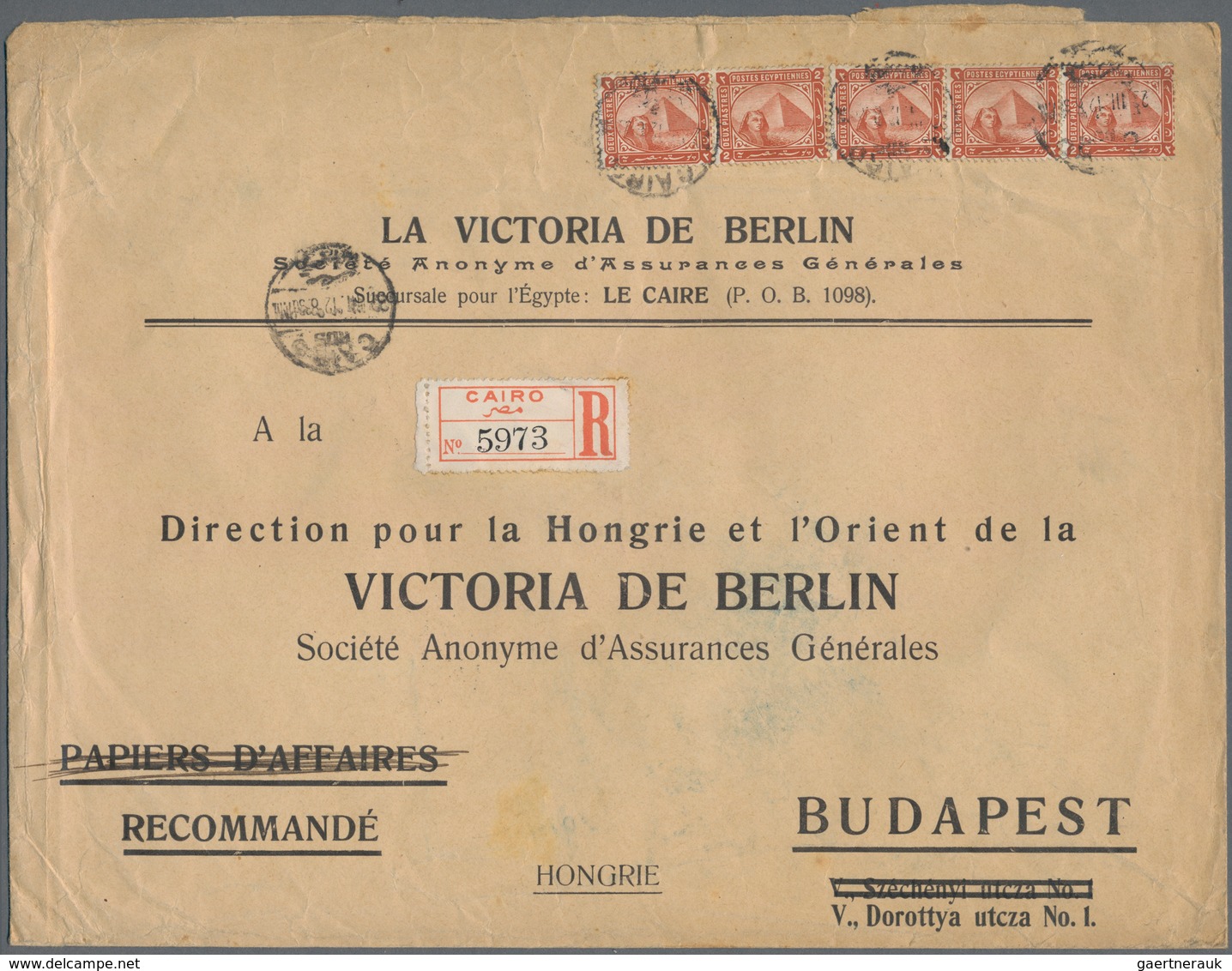 Ägypten: 1912 Printed Envelope Used Registered From Cairo To Budapest, Franked By 2pi. Strip Of Thre - 1866-1914 Khedivaat Egypte