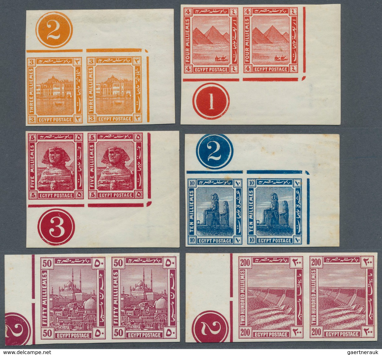 Ägypten: 1914, Pictorial Issue Six Different Values In IMPERFORATE PAIRS With Watermark From Differe - 1866-1914 Khedivate Of Egypt