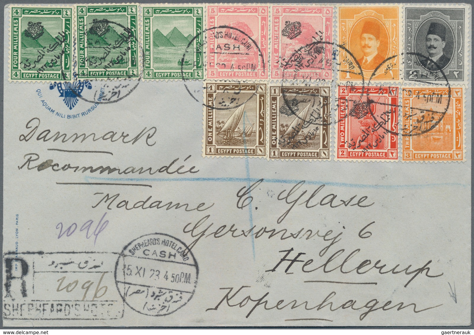 Ägypten: 1923 (15th Nov.), Registered Envelope Of Shepheard's Hotel, Cairo To Hellerup, Copenhagen, - 1866-1914 Khedivato De Egipto