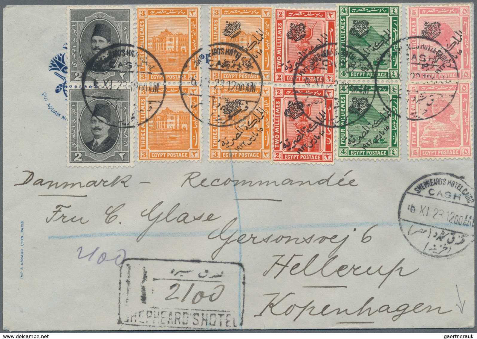 Ägypten: 1923 (16th Nov.), Registered Envelope Of Shepheard's Hotel, Cairo To Hellerup, Copenhagen, - 1866-1914 Khedivate Of Egypt