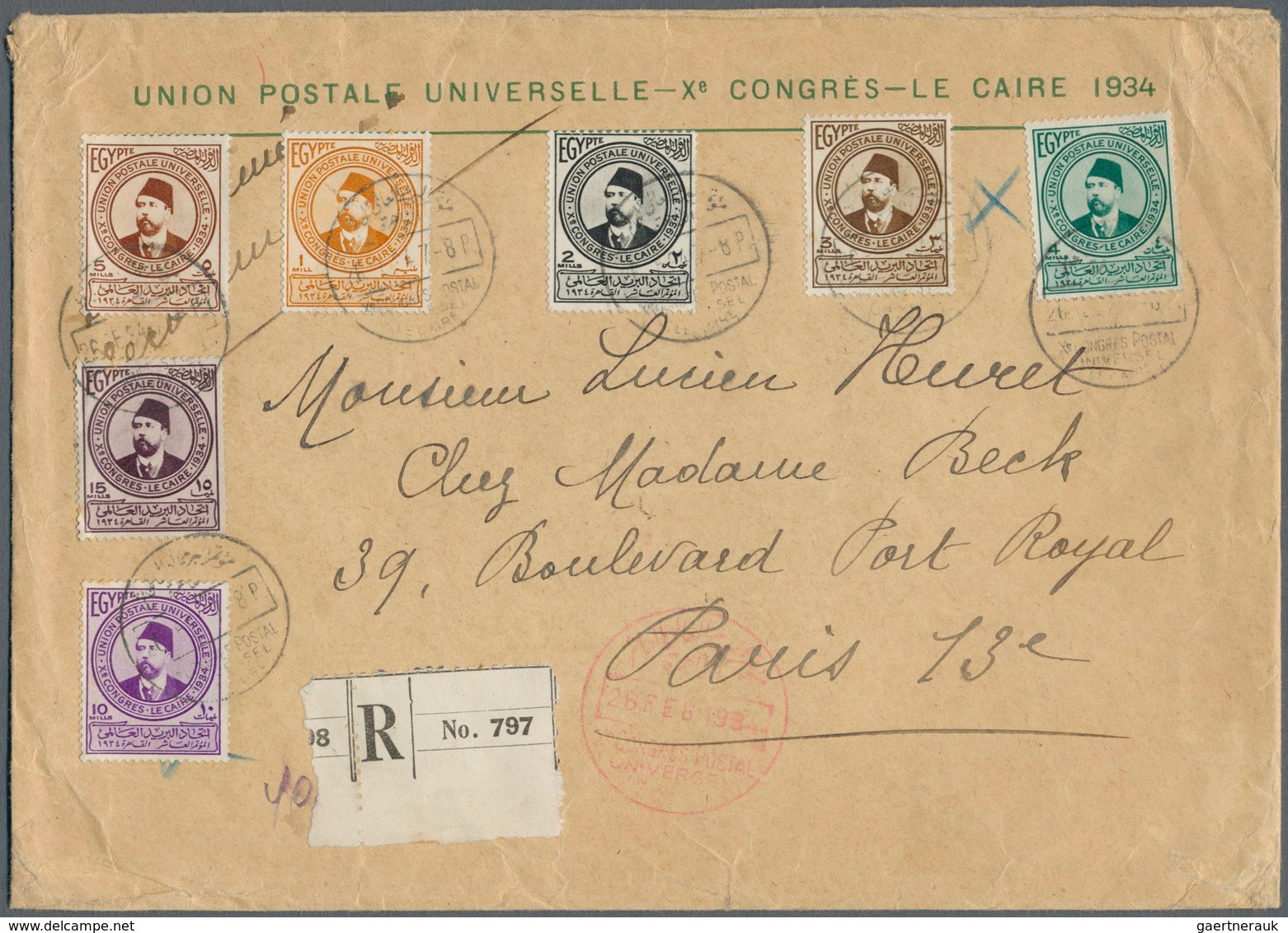 Ägypten: 1934, Envelope With Imprint "10'th UPU World Congress In Cairo" + Red Cachet 26.2.34) And 1 - 1866-1914 Khedivaat Egypte