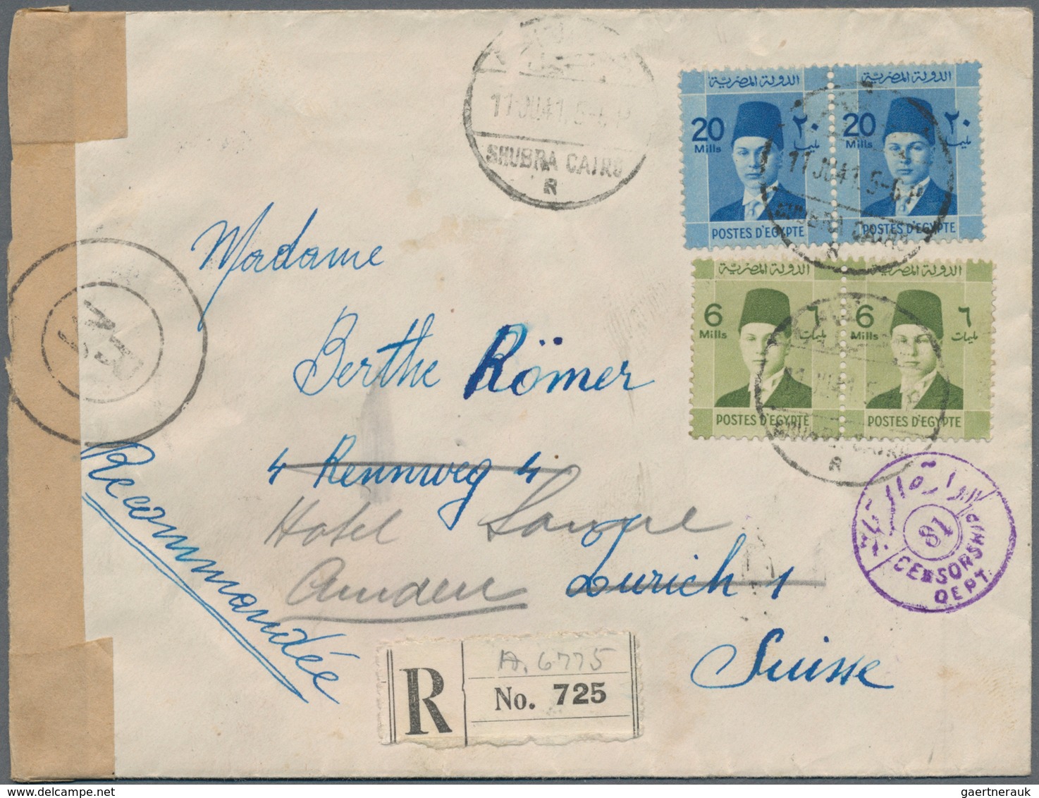 Ägypten: 1941-1946 WWII Caught Mail: Registered Cover Sent From Cairo To Zurich, Switzerland In 1941 - 1866-1914 Khedivato De Egipto