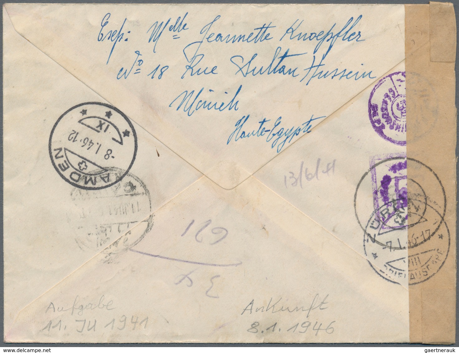 Ägypten: 1941-1946 WWII Caught Mail: Registered Cover Sent From Cairo To Zurich, Switzerland In 1941 - 1866-1914 Khedivato De Egipto