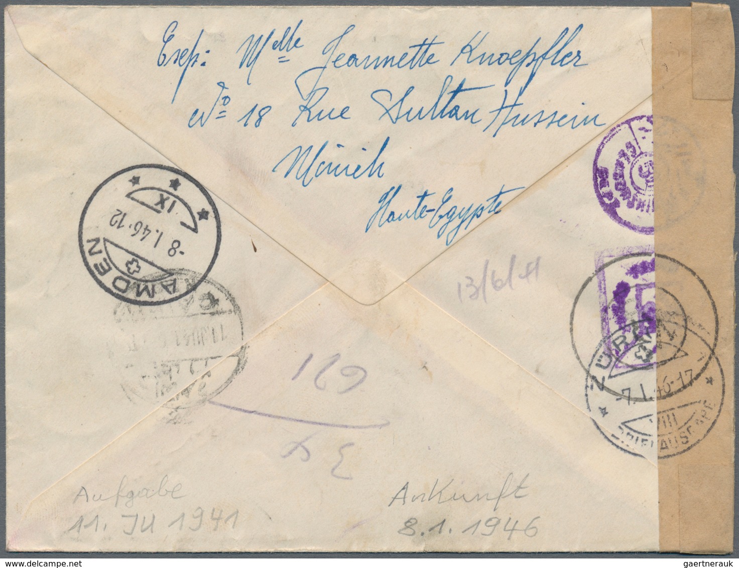 Ägypten: 1941-1946 WWII Caught Mail: Registered Cover Sent From Cairo To Zurich, Switzerland In 1941 - 1866-1914 Khedivaat Egypte