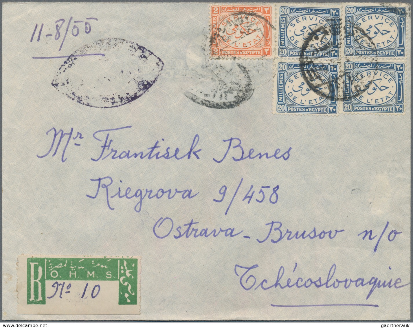 Ägypten - Dienstmarken: 1955, 2m. Vermilion And Four Copies 20m. Blue On Registered Cover To Czechos - Officials