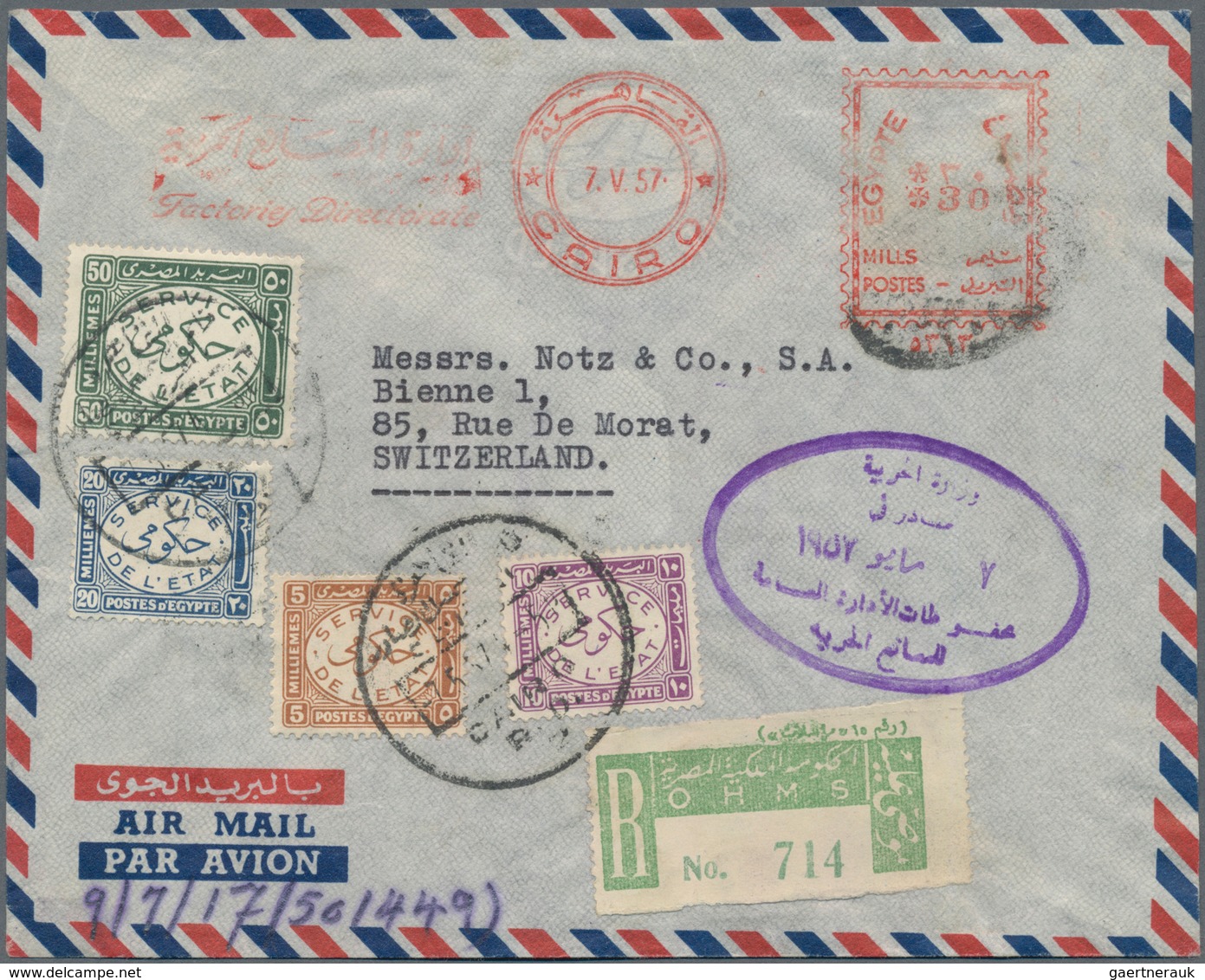 Ägypten - Dienstmarken: 1957/1929: Official Registered Airmail Cover From Cairo To Switzerland Beari - Dienstzegels