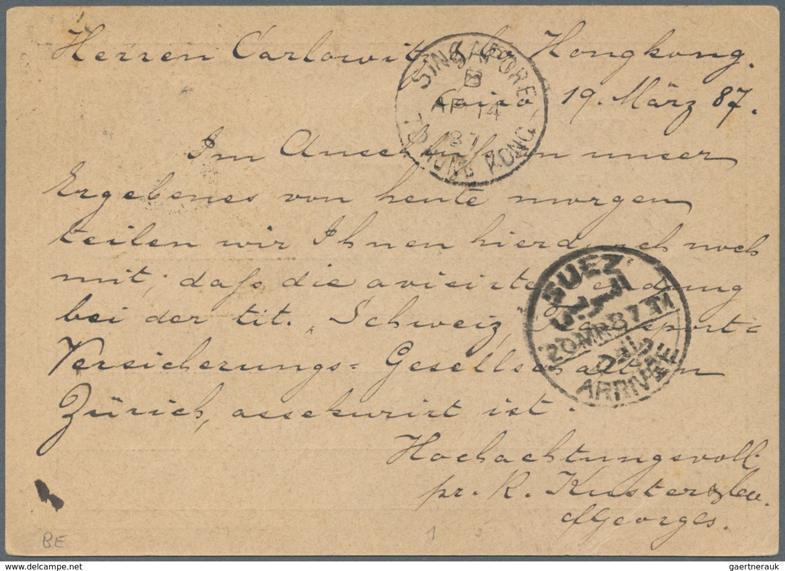 Ägypten - Ganzsachen: 1887 Destination HONGKONG: Postal Stationery Card 20pa. Brown Used From Cairo - Other & Unclassified