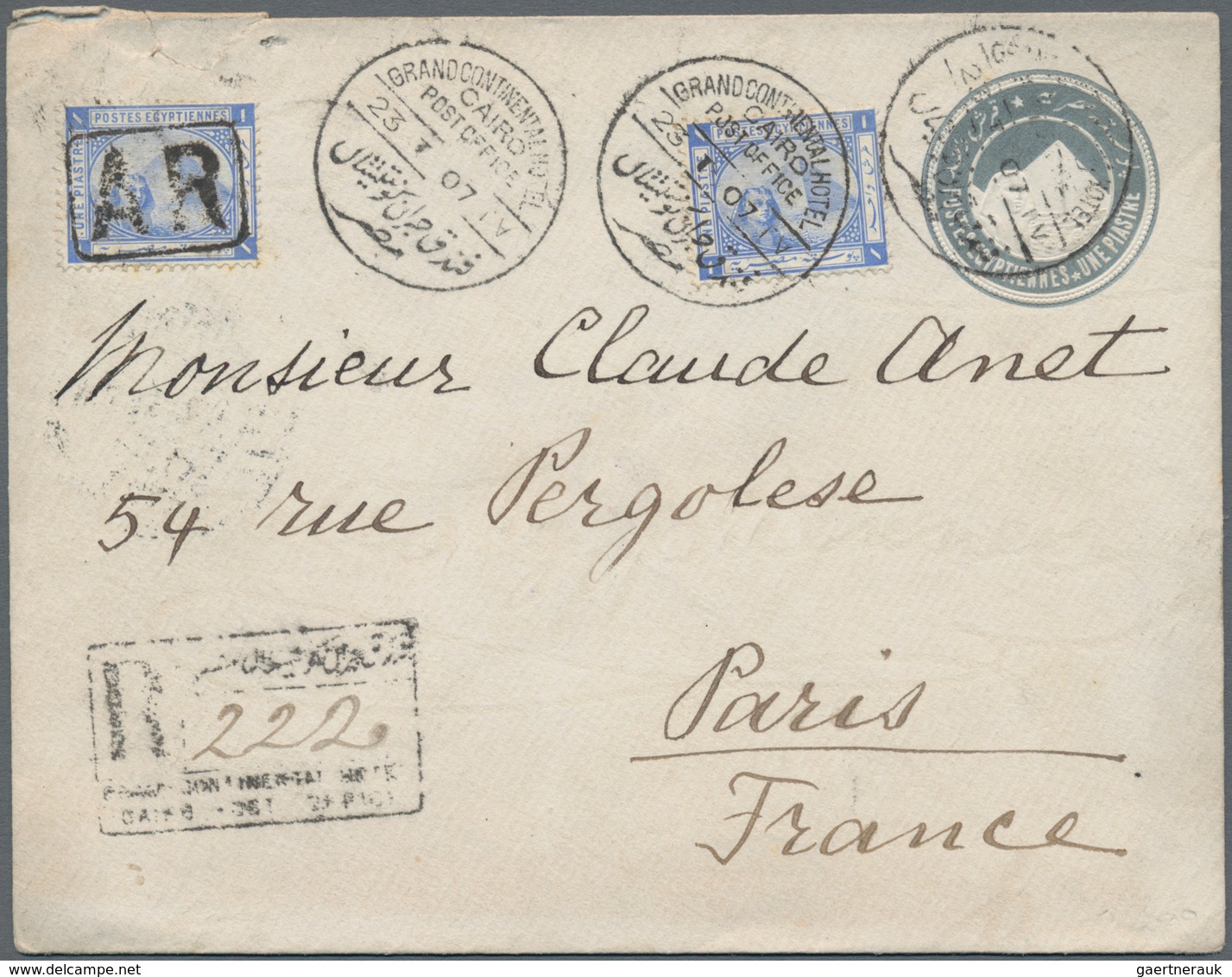 Ägypten - Ganzsachen: 1907, Envelope 1 P. Grey Uprated 1 P. Ultra (2) Canc. "GRAND CONTINENTAL HOTEL - Andere & Zonder Classificatie