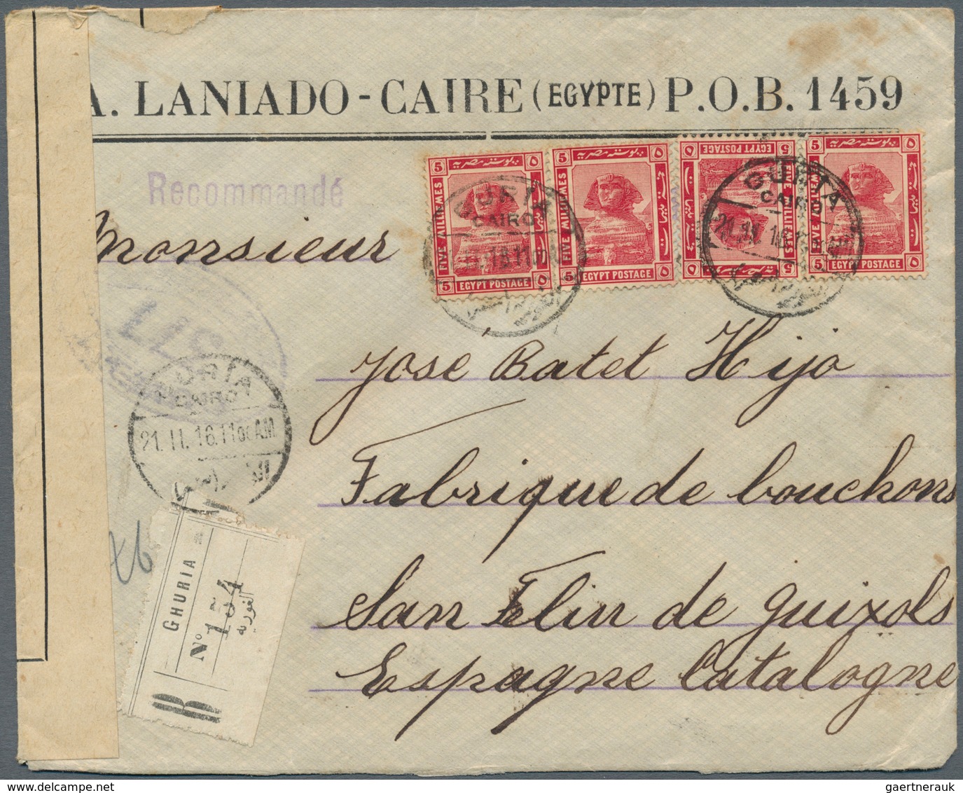 Ägypten - Stempel: 1915/16, Lot Of 7 Comercially Used R-Letters To Spain With Censor-stripes And Cen - Other & Unclassified