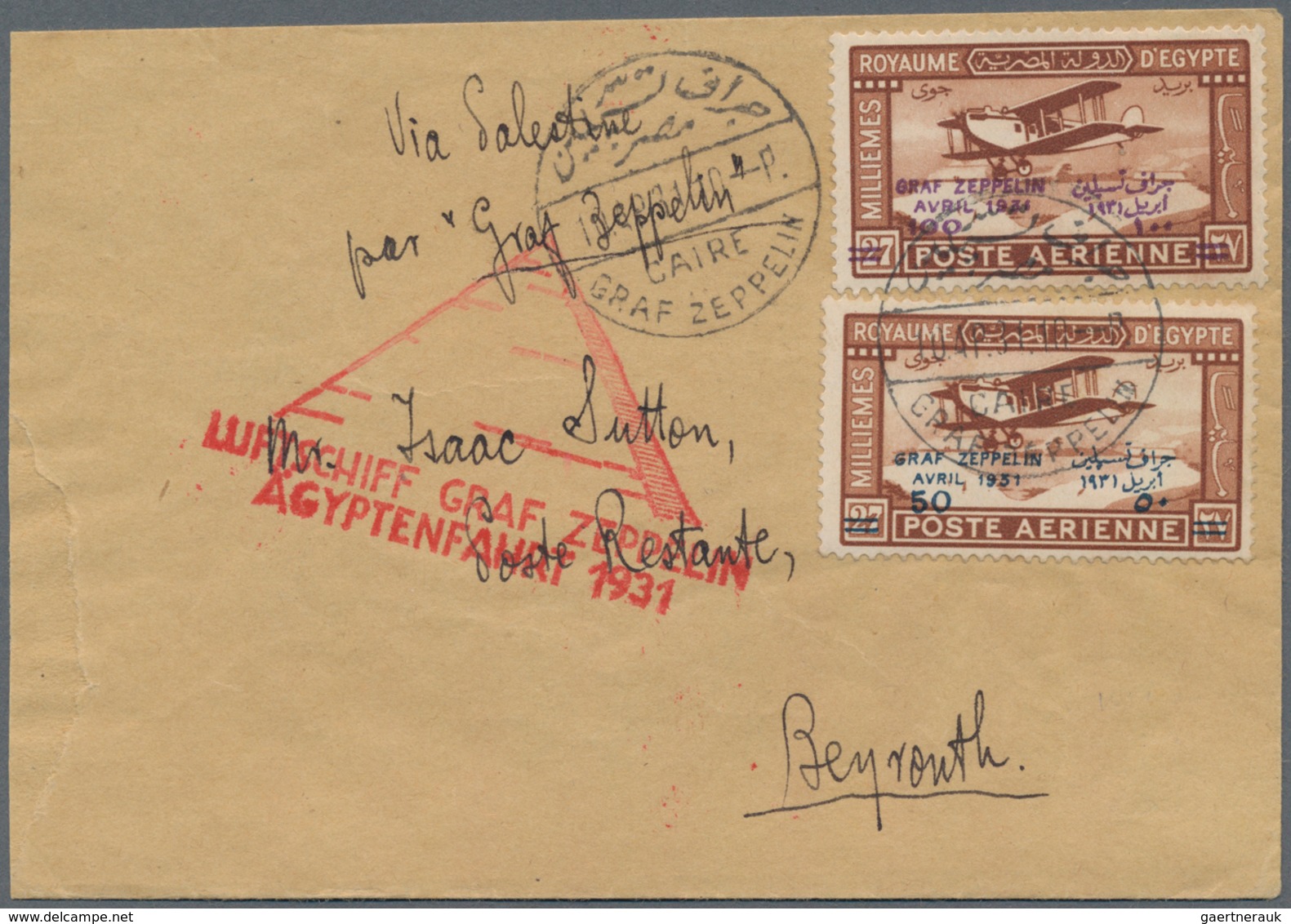 Ägypten - Flugpost: 1931 (10th Apr.), Zeppelin Cover From Cairo To Beyrouth Flown From Cairo To Pale - Other & Unclassified