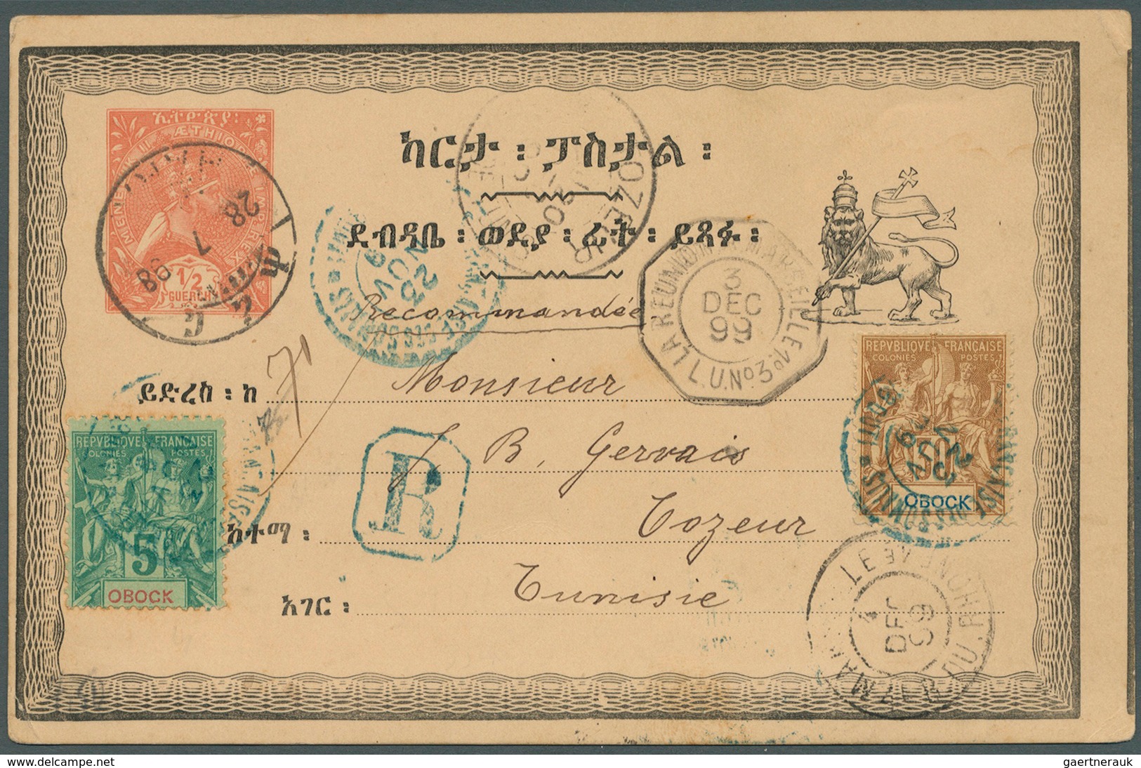 Äthiopien: 1899: Ethiopian Postal Stationery Card ½g. (cancelled 28.7.98) Used As Registered Postcar - Ethiopia