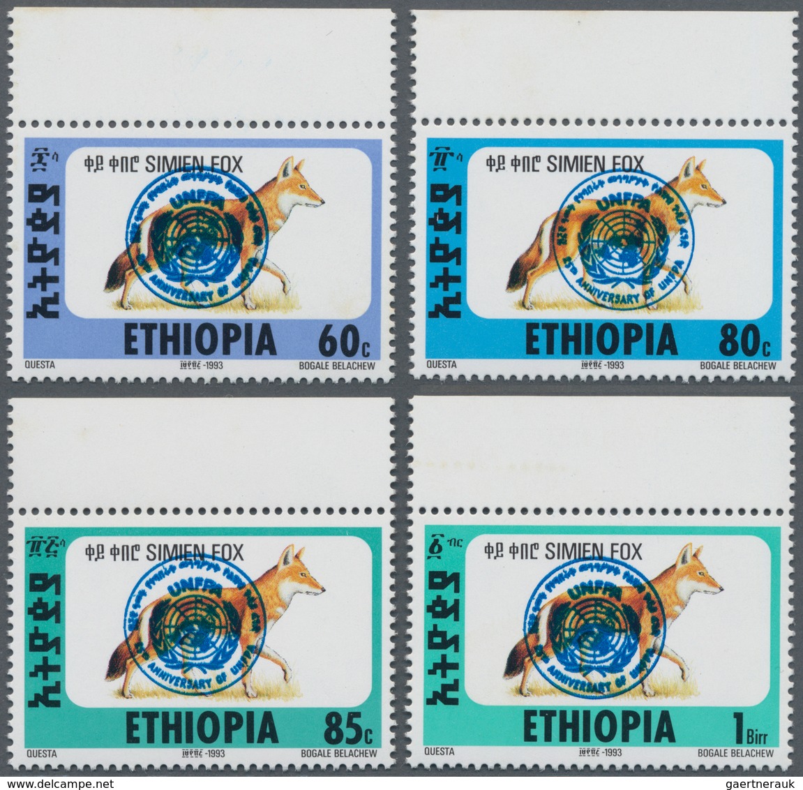 Äthiopien: 1994 "UNFPA 25th Anniversary" Set Of Four Top Marginal "Simien Fox" Stamps Overprinted In - Ethiopia