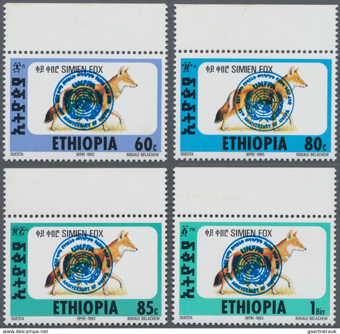 Äthiopien: 1994 "UNFPA 25th Anniversary" Set Of Four Top Marginal "Simien Fox" Stamps Overprinted In - Ethiopië