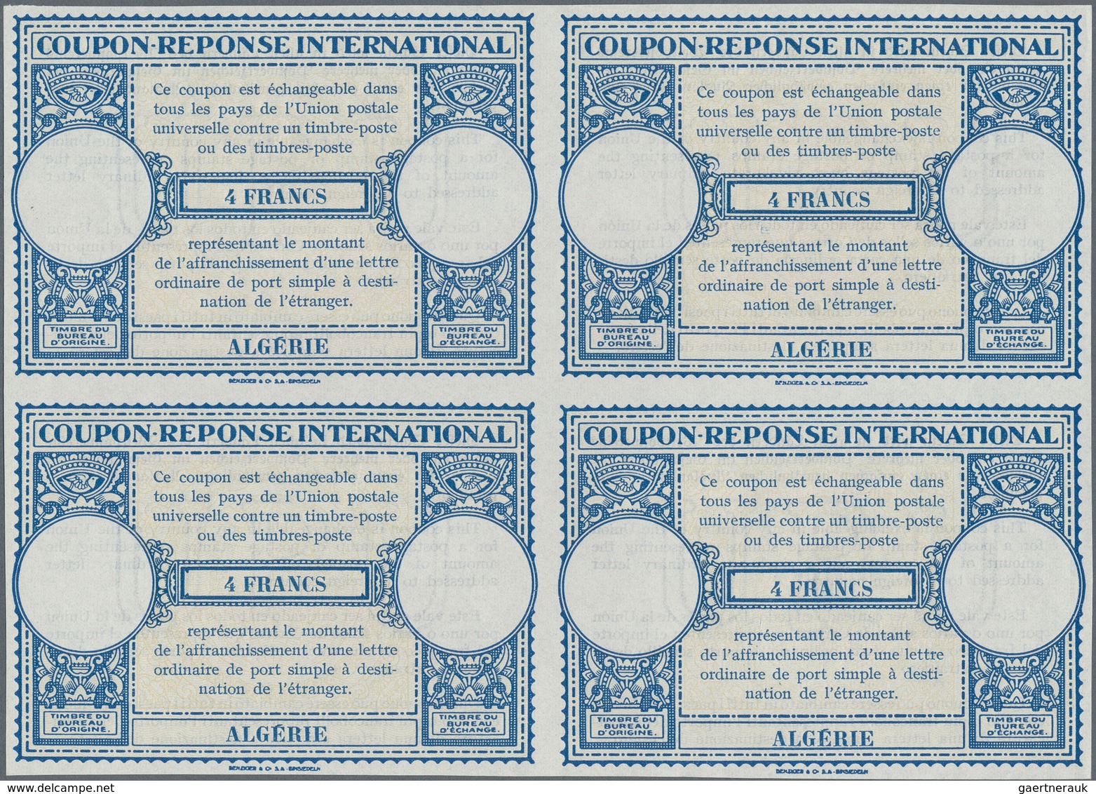 Algerien: 1940s (approx). International Reply Coupon 4 Francs (London Type) In An Unused Block Of 4. - Covers & Documents