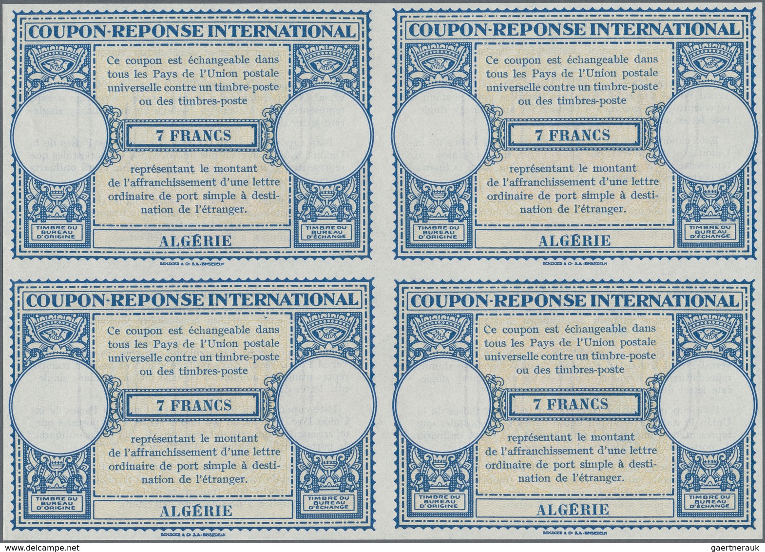 Algerien: 1940s (approx). International Reply Coupon 7 Francs (London Type) In An Unused Block Of 4. - Covers & Documents