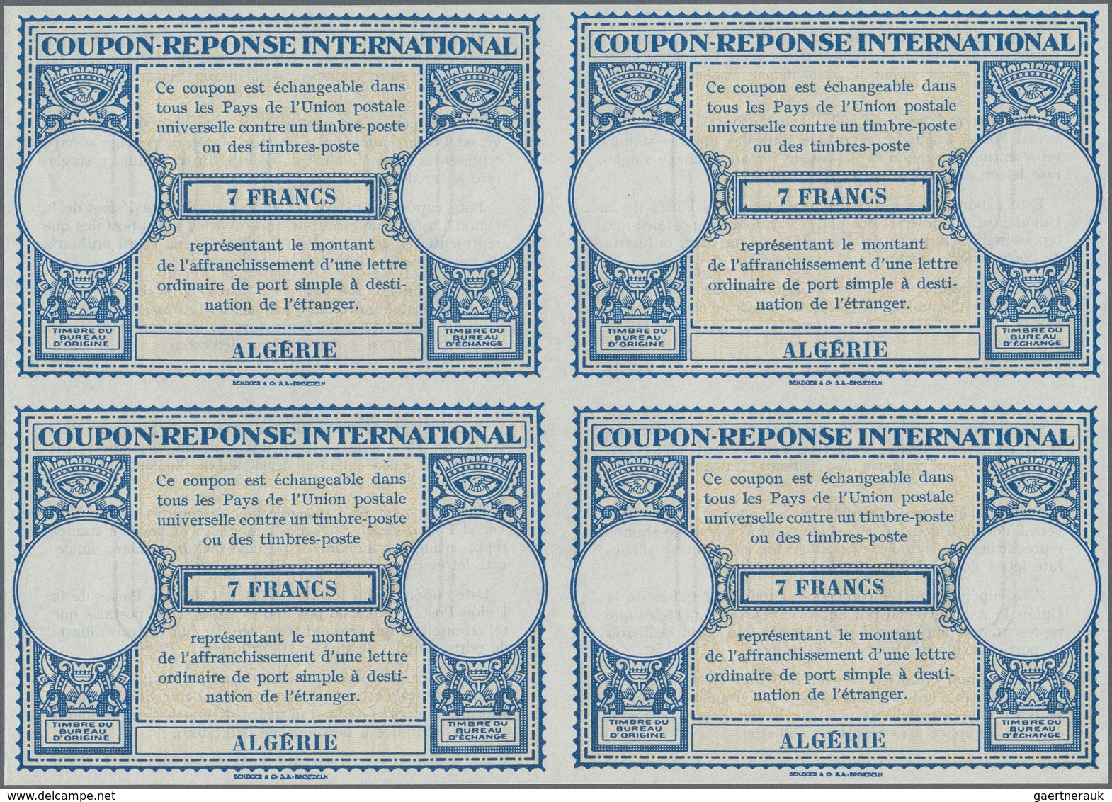 Algerien: 1940s (approx). International Reply Coupon 7 Francs (London Type) In An Unused Block Of 4. - Brieven En Documenten