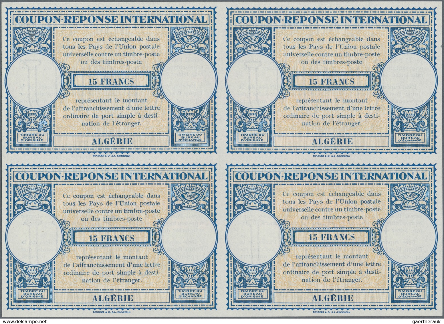 Algerien: 1940s/1950s (approx). International Reply Coupon 15 Francs (London Type) In An Unused Bloc - Brieven En Documenten