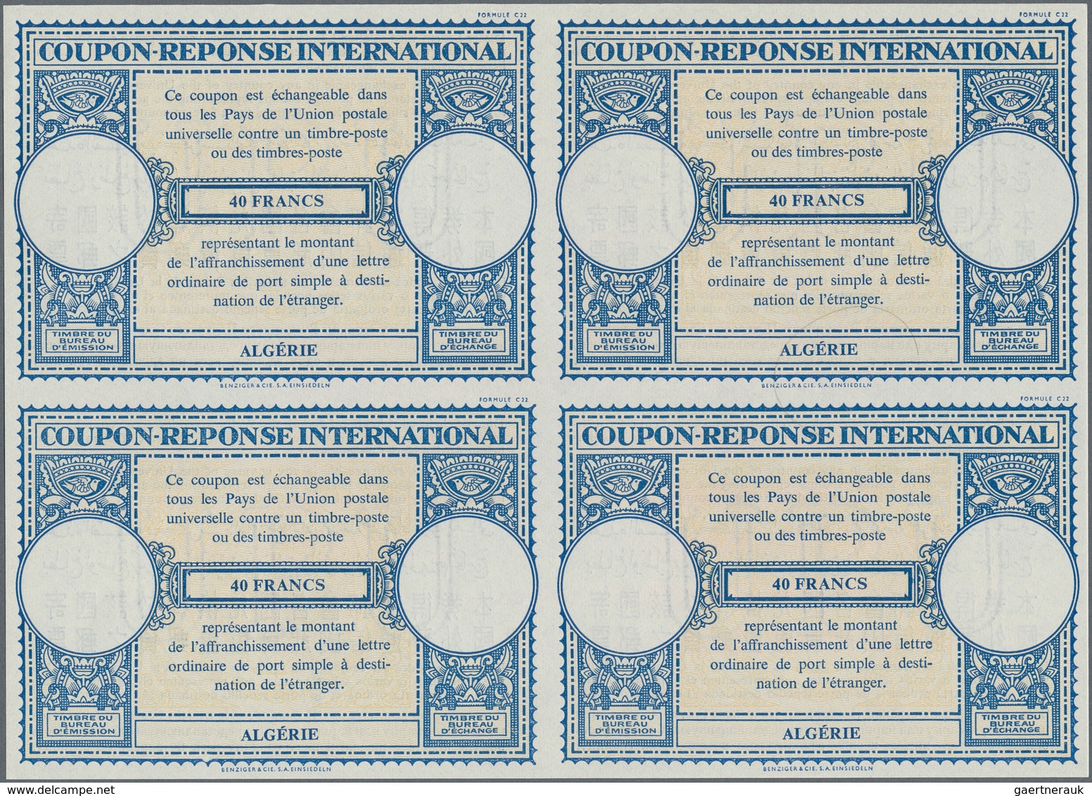 Algerien: 1950s (approx). International Reply Coupon 40 Francs (London Type) In An Unused Block Of 4 - Covers & Documents