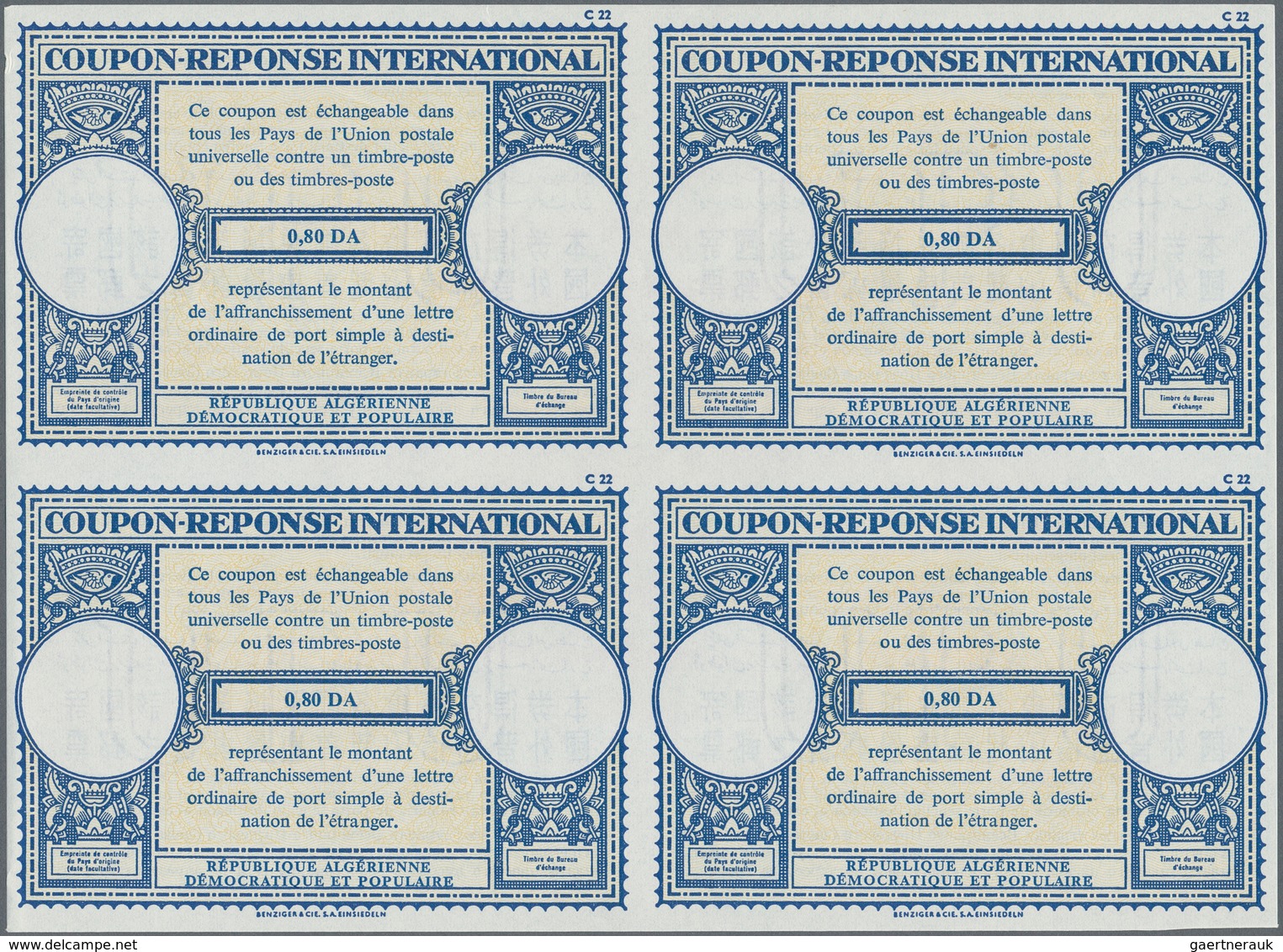 Algerien: 1960s (approx). International Reply Coupon 0,80 DA (London Type) In An Unused Block Of 4. - Covers & Documents