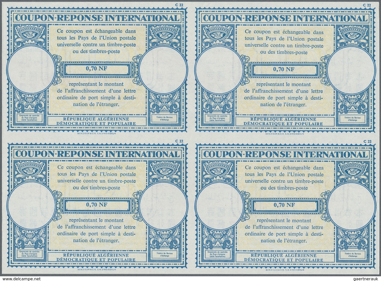 Algerien: 1960s (approx). International Reply Coupon 0,70 NF (London Type) In An Unused Block Of 4. - Brieven En Documenten