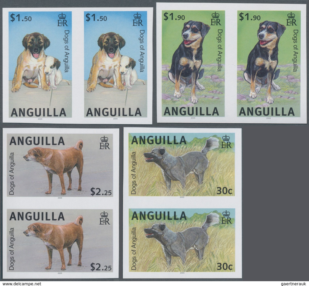 Anguilla: 2005, Dogs Complete Set Of Four In Vertical Or Horizontal IMPERFORATE Pairs, Mint Never Hi - Anguilla (1968-...)