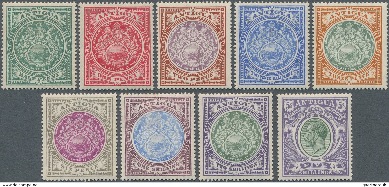 Antigua: 1908/1913, Definitives "Coat Of Arms/KGV", ½d.-5s., Set Of Nine Values, Mint Original Gum P - Antigua And Barbuda (1981-...)