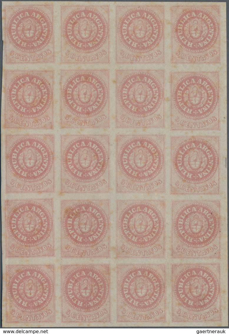 Argentinien: 1862 5c. Rose, No Accent, Block Of 20, Mint Lightly Hinged At Top, Never Hinged Else, W - Andere & Zonder Classificatie