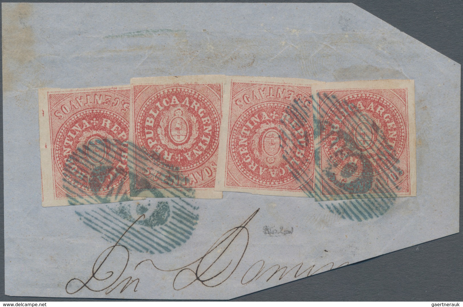 Argentinien: 1864 5c. Pale Red From The Re-engraved Plate With Narrow "C", Four Singles Used On Piec - Other & Unclassified