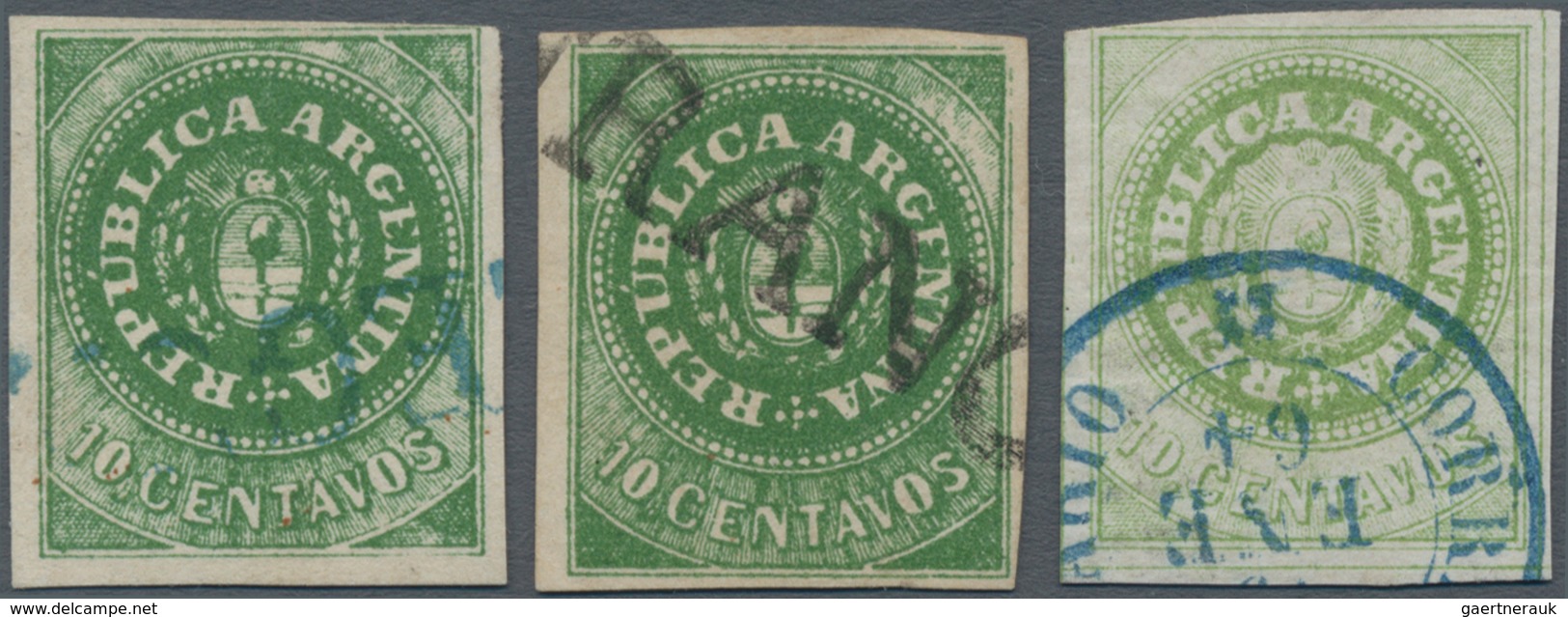 Argentinien: 1862 Three Used Singles Of The 10c., One In Green With Accent Cancelled By "GUALEGUAI" - Other & Unclassified