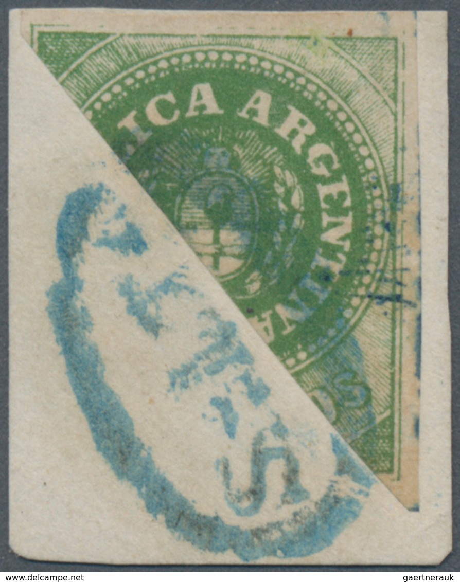 Argentinien: 1862, 10c. Green, Bisected Diagonally, On Piece Neatly Cancelled By Blue Oval "SALTA" P - Other & Unclassified