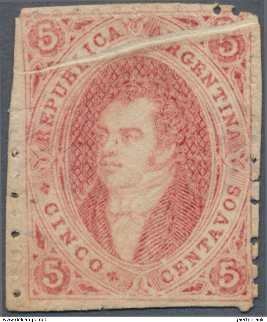 Argentinien: 1864 Rivadavia 5c. Rose-red, Perf 11½, 6th Printing, Variety "PAPERFOLD" At Top, Unused - Otros & Sin Clasificación