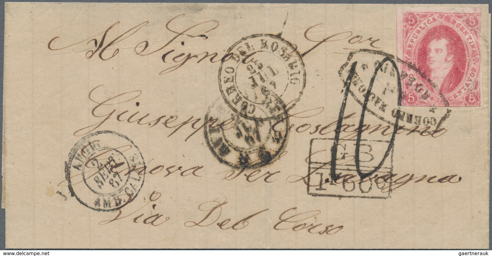 Argentinien: 1867 'Rivadavia' 5c. Carmine-rose Used On Folded Cover From Rosario To Genoa, Italy Via - Sonstige & Ohne Zuordnung
