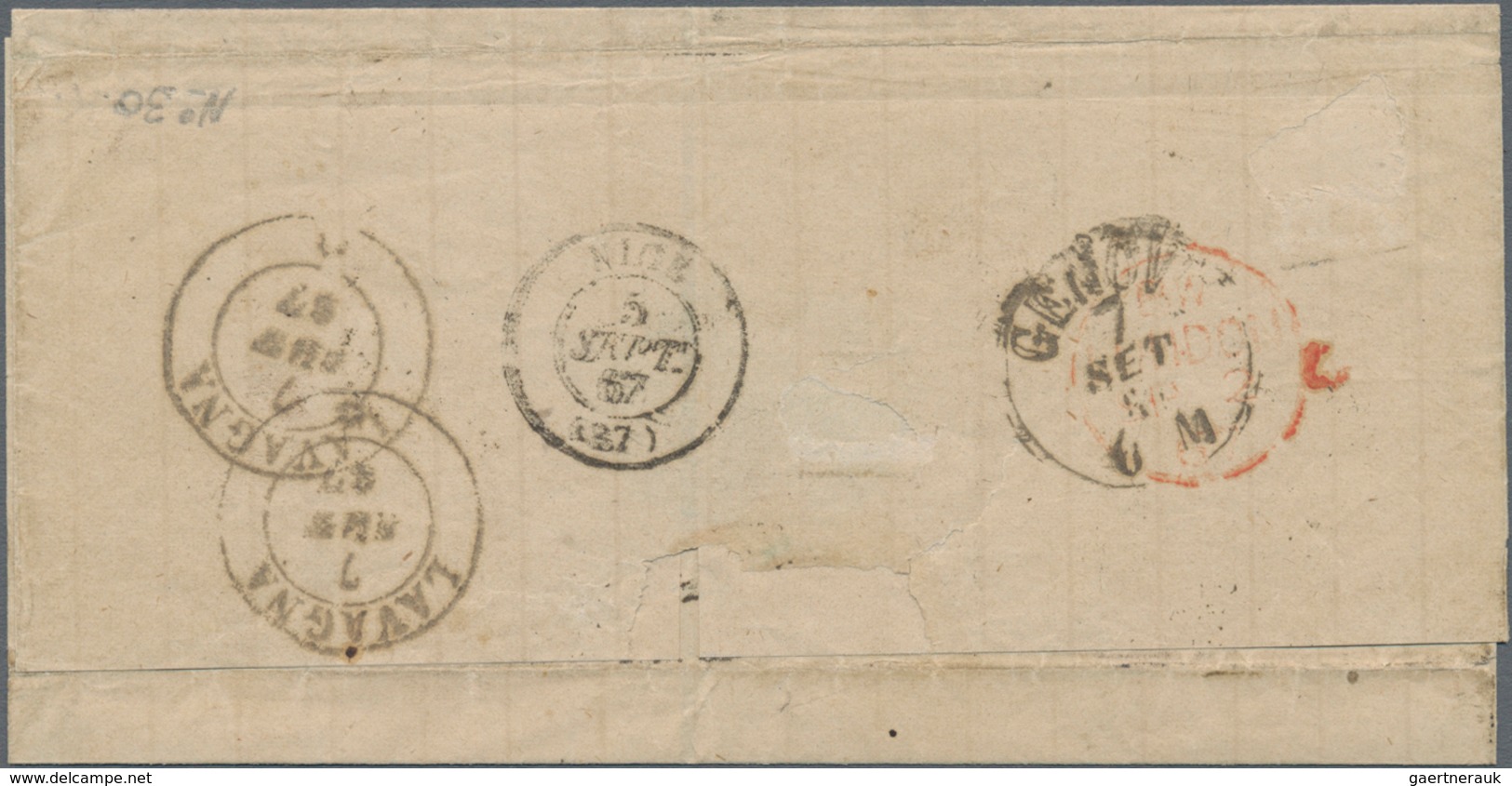 Argentinien: 1867 'Rivadavia' 5c. Carmine-rose Used On Folded Cover From Rosario To Genoa, Italy Via - Other & Unclassified