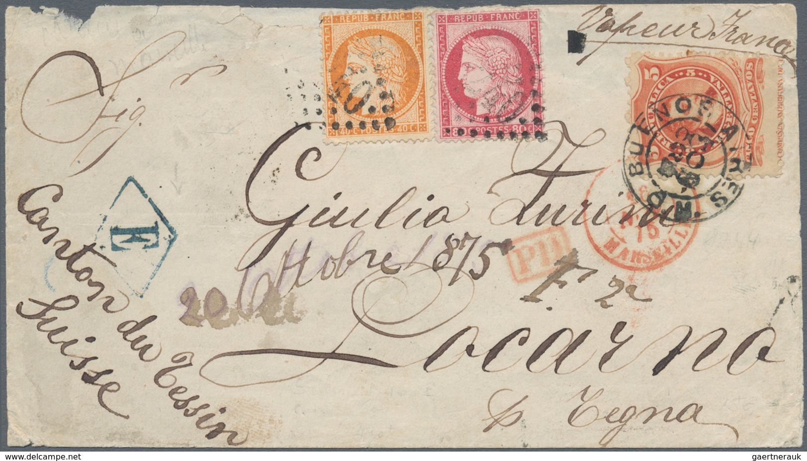 Argentinien: 1875 Cover From Buenos Aires To Locarno, Canton Ticino, Switzerland Per Steamer "France - Other & Unclassified