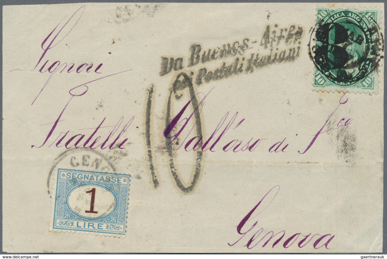 Argentinien: 1877 Front Of A Cover From Buenos Aires To Genova, Italy, Insufficiently Franked By 187 - Autres & Non Classés