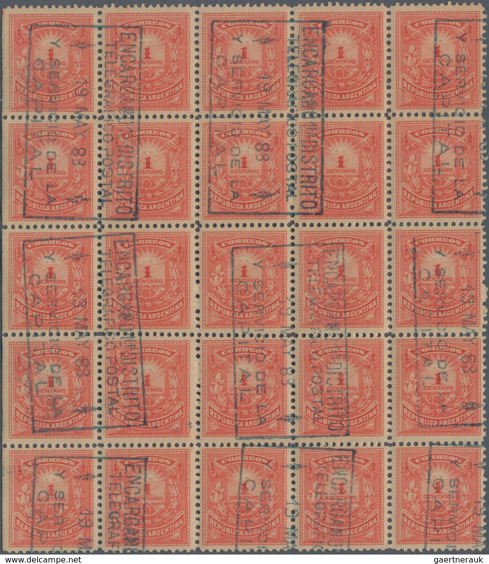 Argentinien: 1882 1c. Red Block Of 25, Perf 12, Cancelled-to-order By Rect. Framed 'Postal Telegraph - Otros & Sin Clasificación