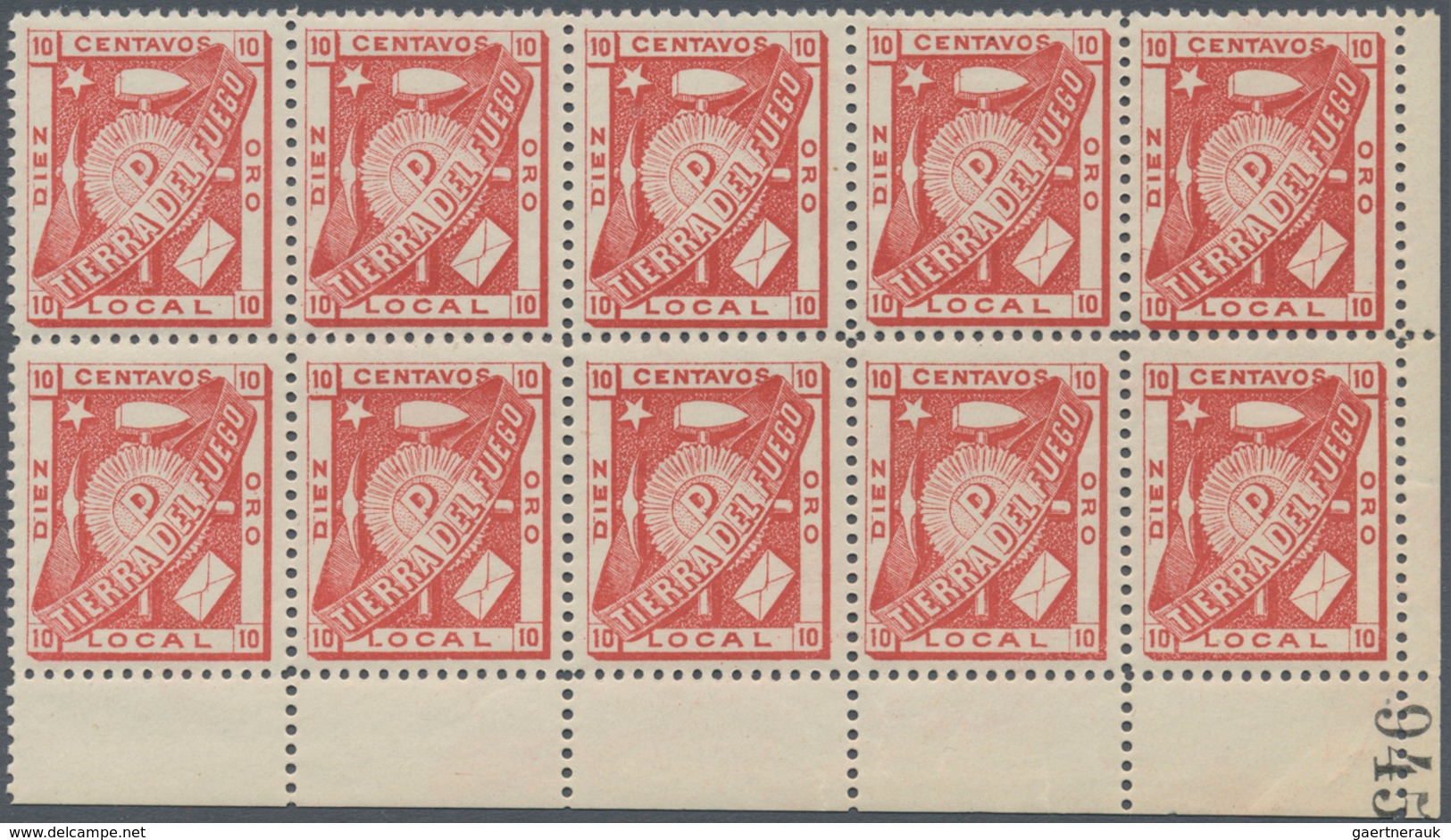 Argentinien - Feuerland: 1891, Julio Popper Local Stamp 10c. Carmine 'TIERRA DEL FUEGO' Block Of Ten - Other & Unclassified