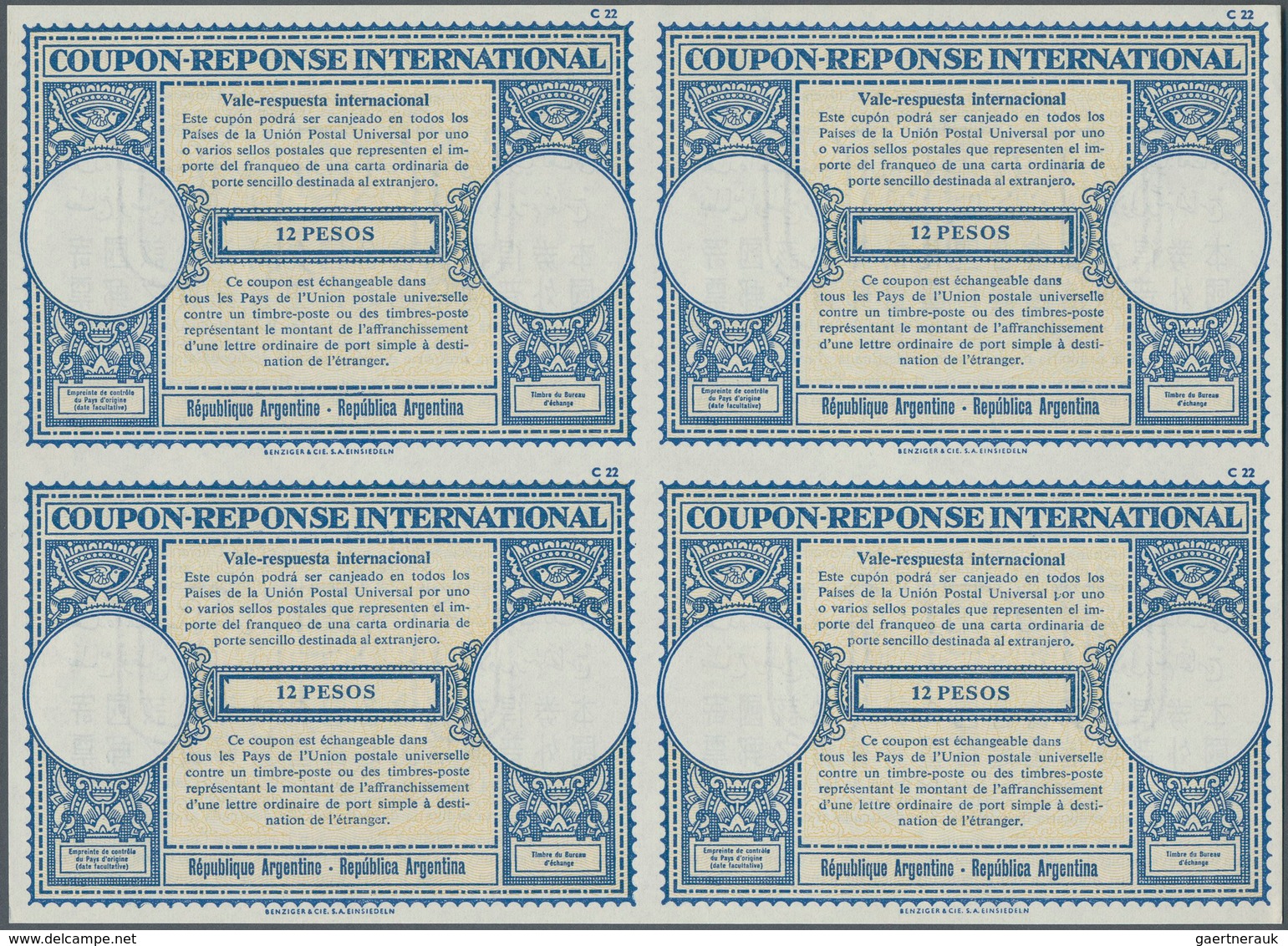 Argentinien - Ganzsachen: 1961. International Reply Coupon 12 Pesos (London Type) In An Unused Block - Postal Stationery