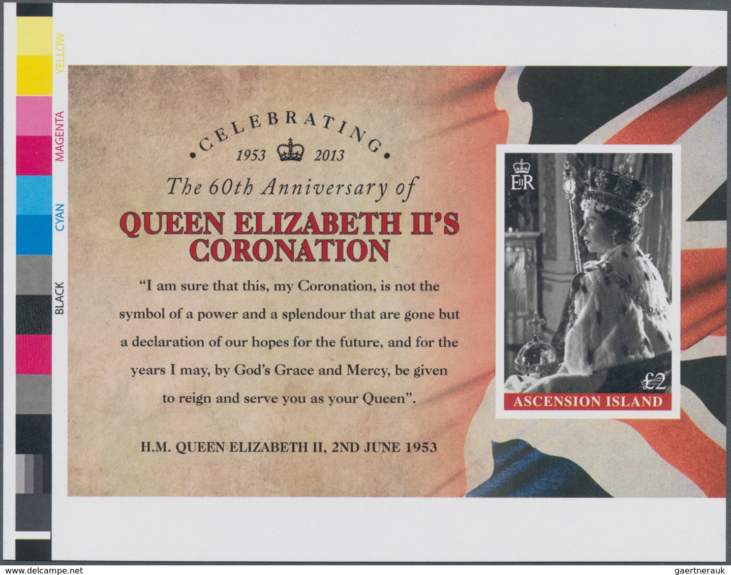 Ascension: 2013, 60th Anniversary Of Coronation Of QEII Complete Set Of Four In Two IMPERFORATE Gutt - Ascension