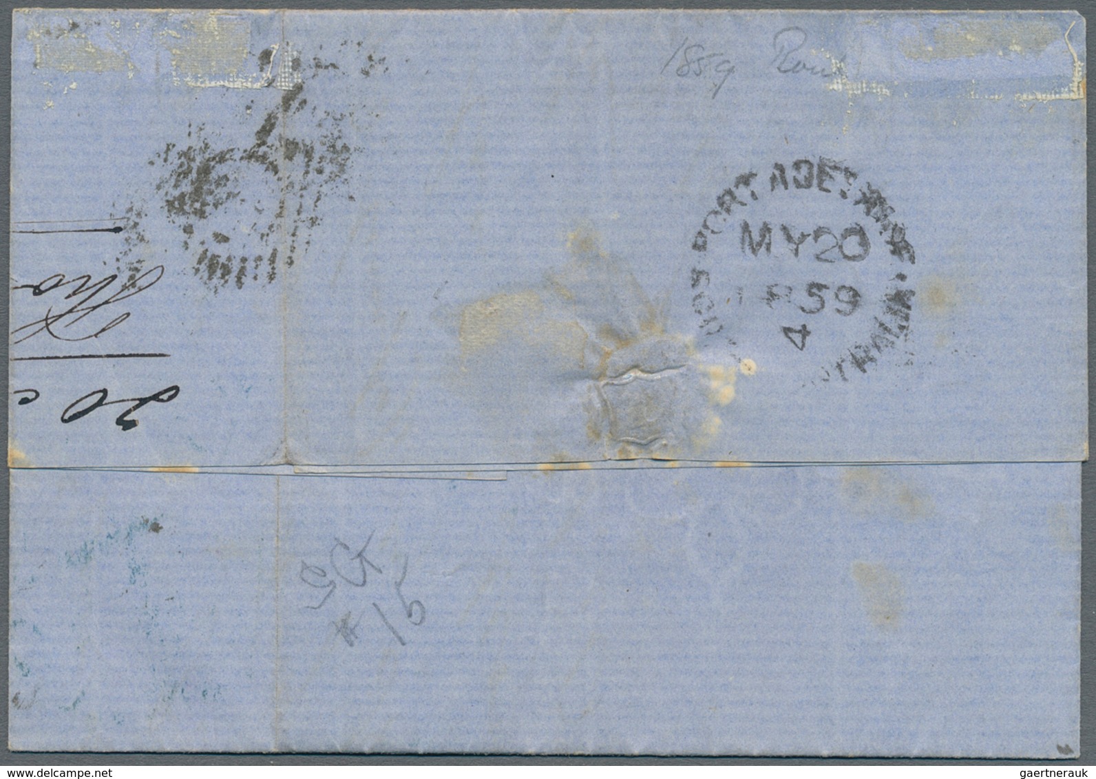 Südaustralien: 1859, Folded Letter Franked With 2 Pence Red Cancelled With Numeral "1" And Blue "PAI - Covers & Documents