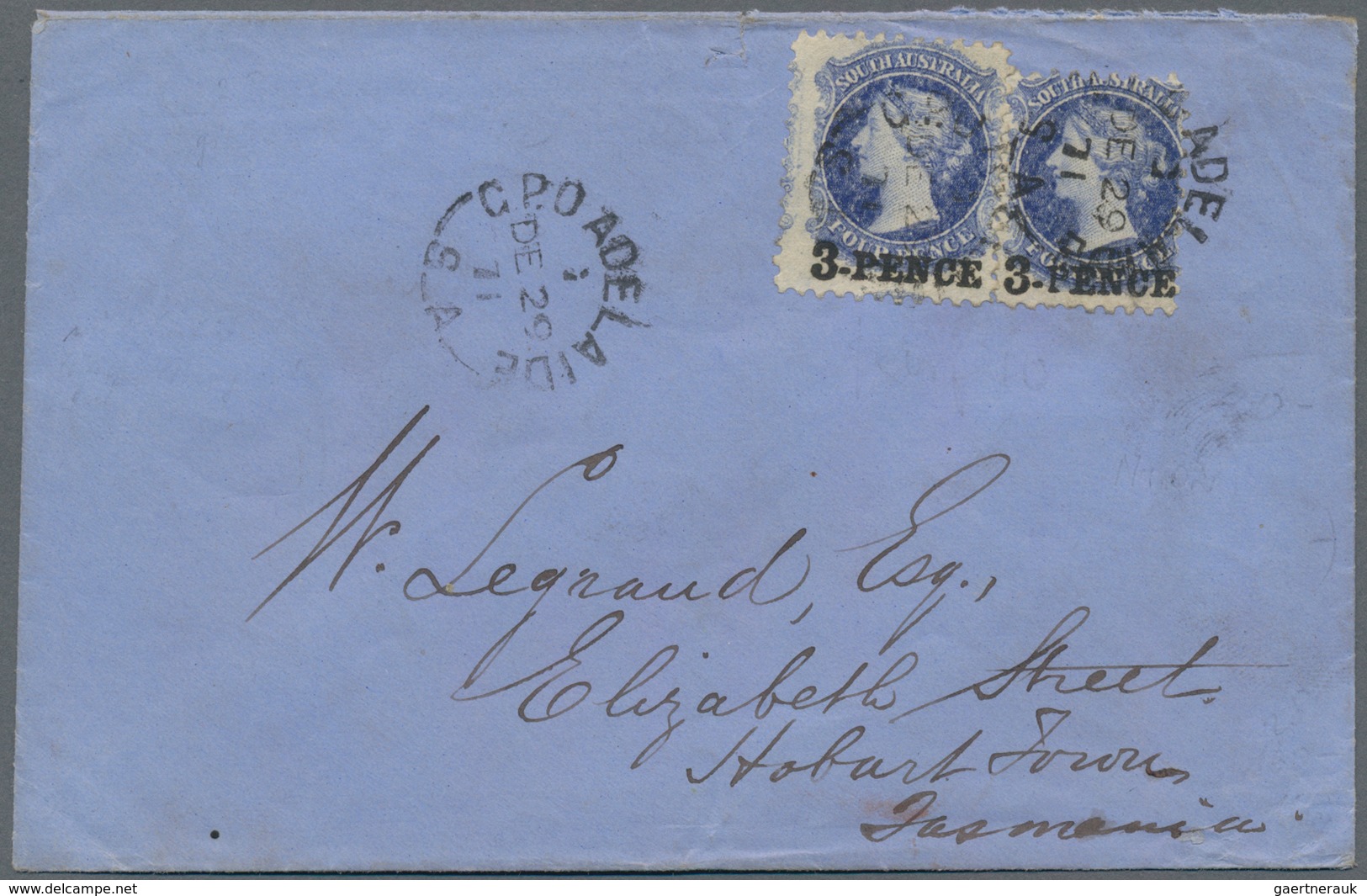 Südaustralien: 1871 (29.12.), QV 4d. Sky-blue Surcharged '3-PENCE' Two Singles In Very Different Siz - Brieven En Documenten