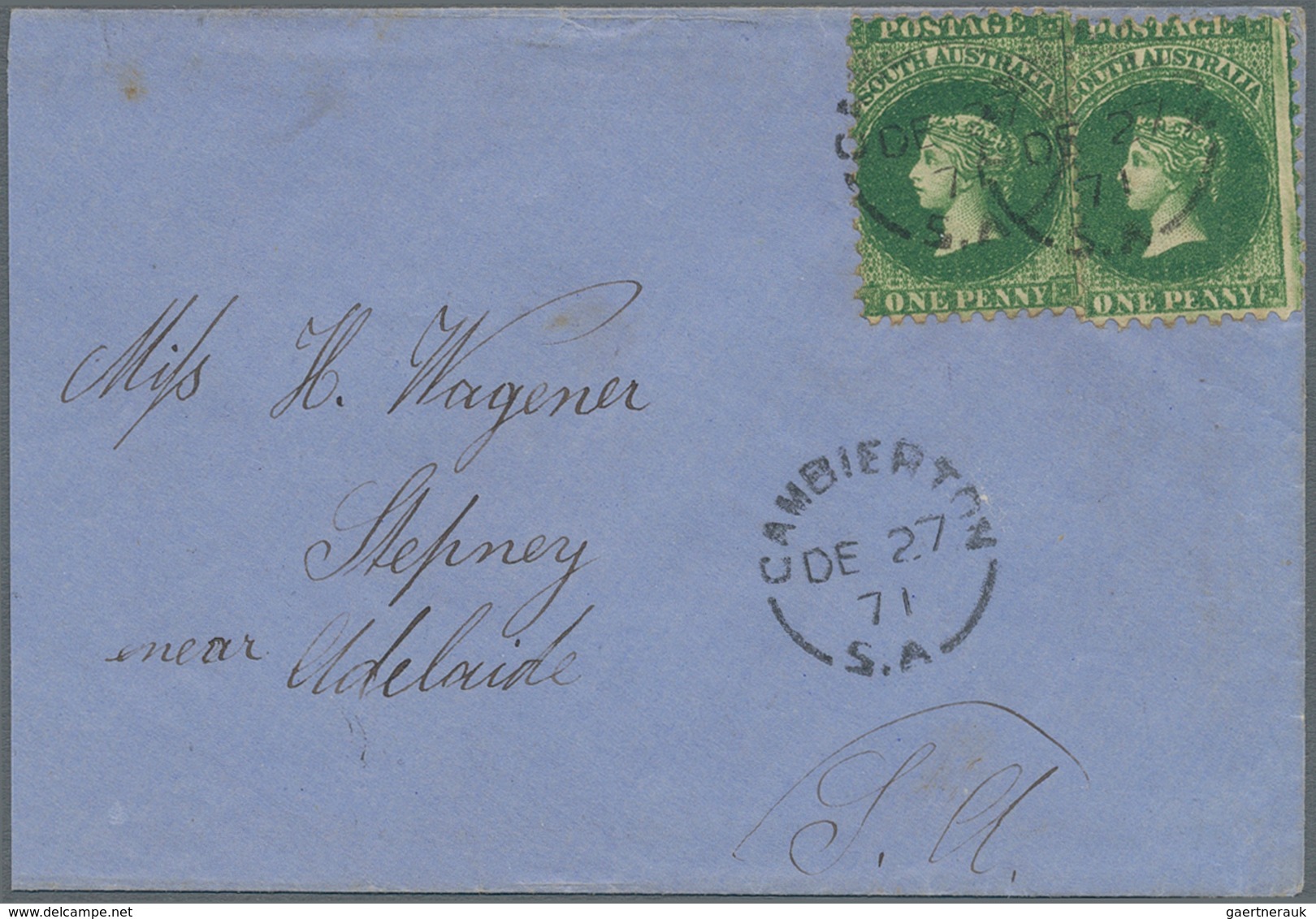 Südaustralien: 1871, Folded Letter Franked With Two Copies 1 D QV Bright Green From CAMBIERTON To St - Brieven En Documenten