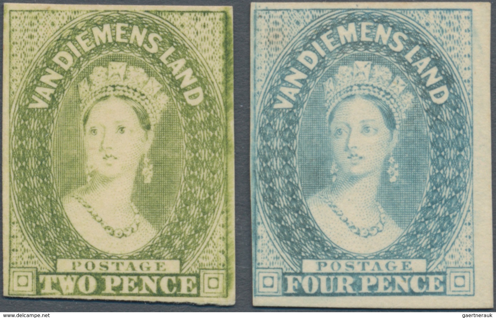 Tasmanien: 1855, QV Chalon Heads 2d. Green And 4d. Blue PLATE PROOFS On Very Thick Unwatermarked And - Brieven En Documenten