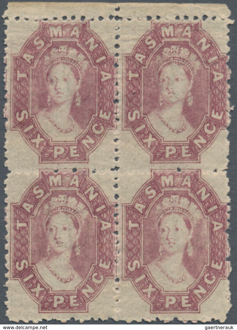 Tasmanien: 1869, QV Chalon Head 6d. Reddish Mauve With Double-lined Numeral Wmk. '6' Perf. 12 Block - Covers & Documents