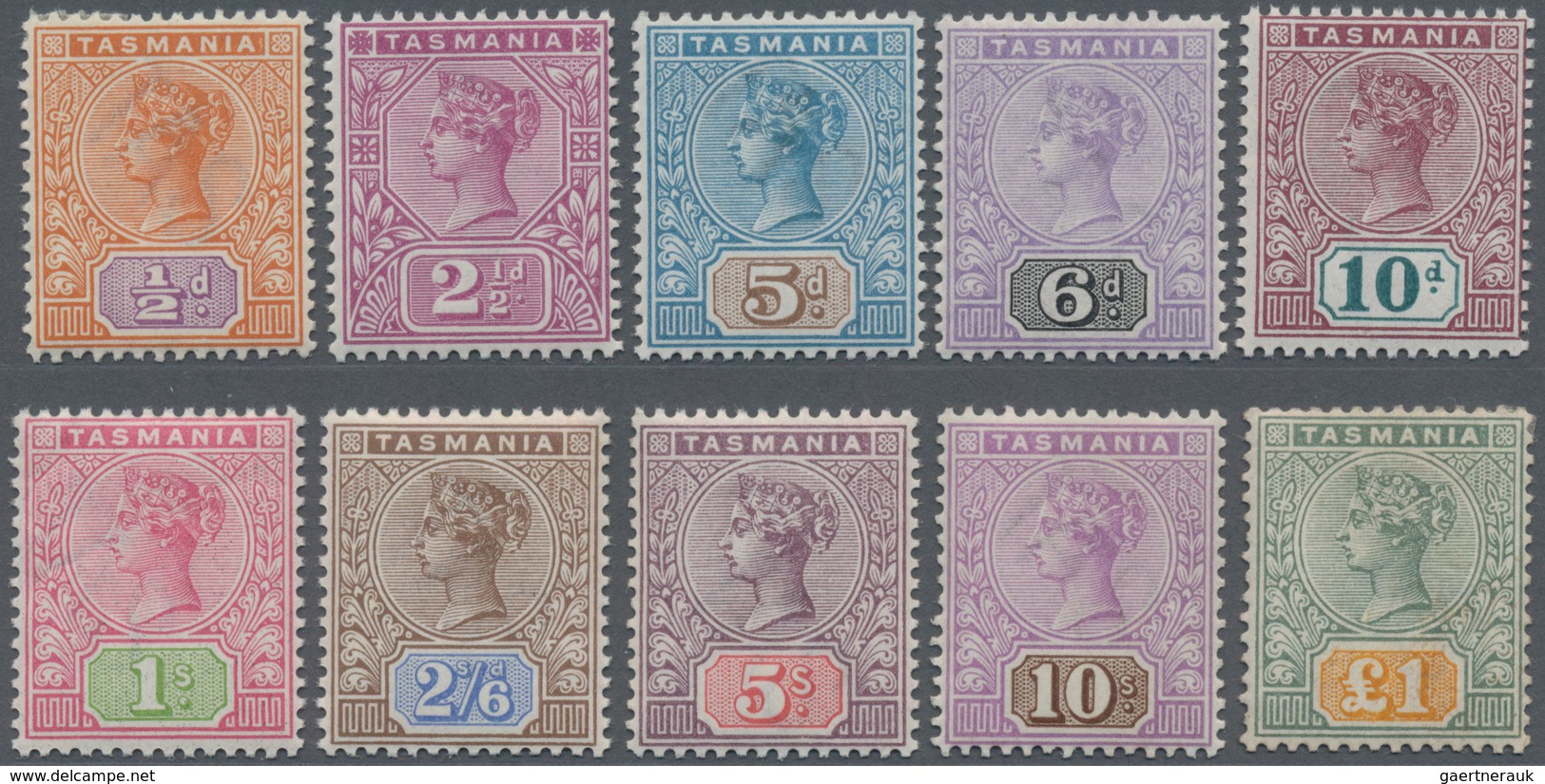 Tasmanien: 1892/1899, QV Tablets Complete Set Of Ten ½d. Orange/mauve To £1 Green/yellow, Mint Hinge - Covers & Documents