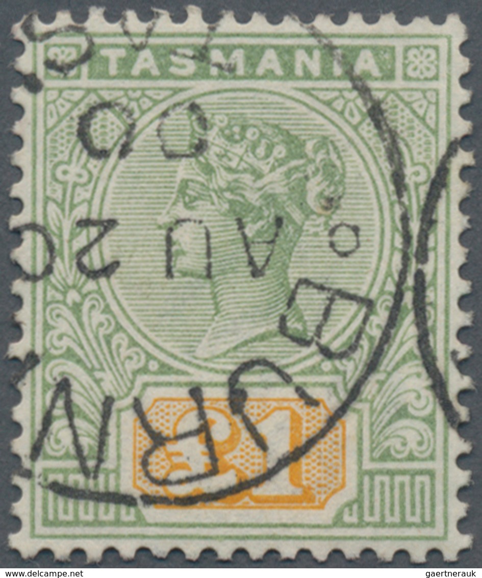 Tasmanien: 1897, QV Tablets £1 Green/yellow Fine Used With Nearly Central 'BURNI(E), AU20/00, TAS.' - Brieven En Documenten