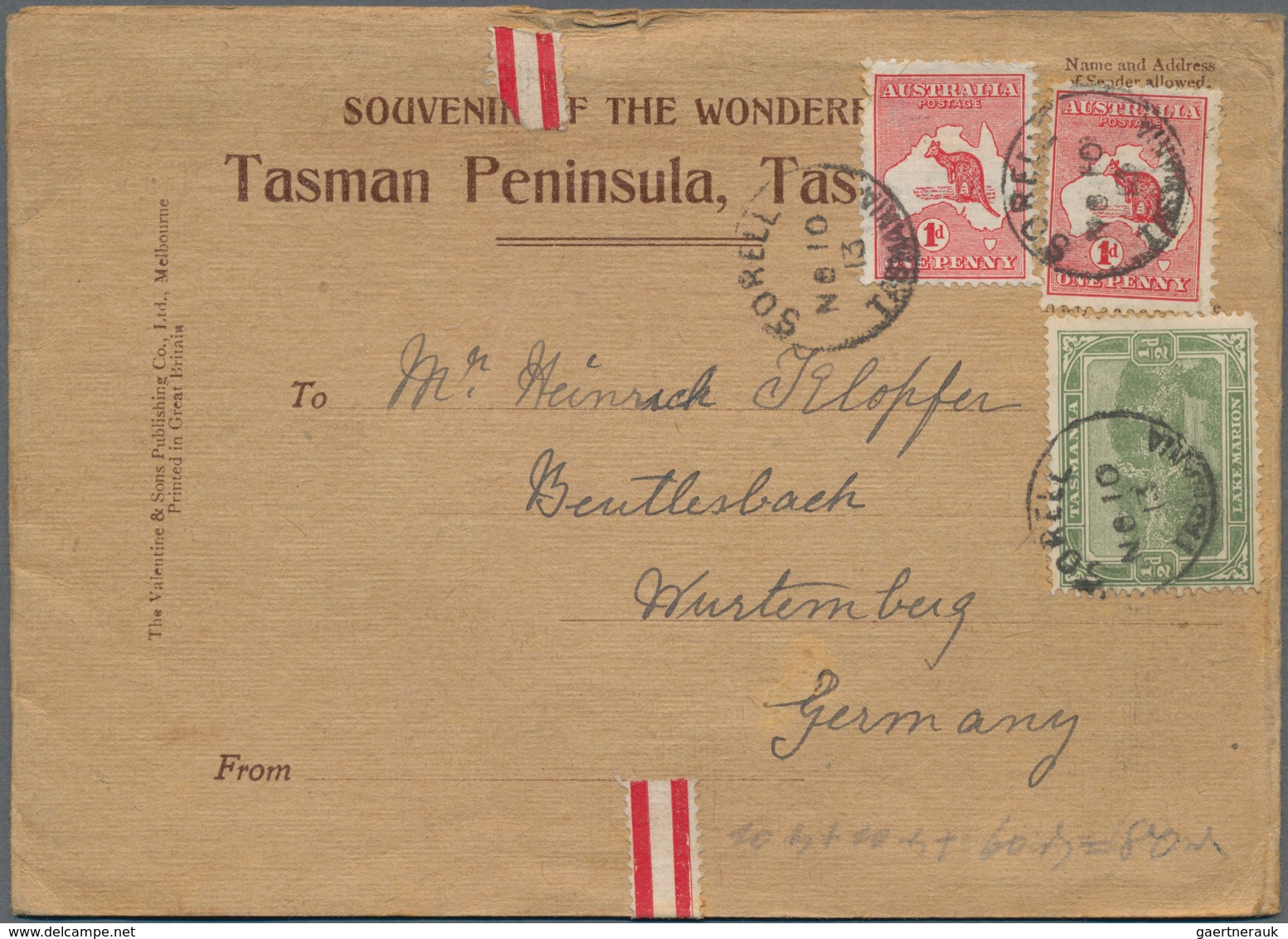 Tasmanien: 1913/1906: Cover From Sorell, Tasmania To Germany In 1913 Franked By Tasmania 'Lake Mario - Covers & Documents